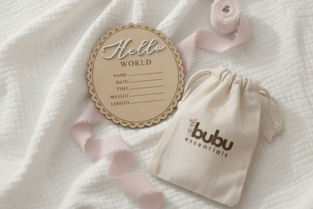 Bubu Essentials Hello World Baby Announcement Sign